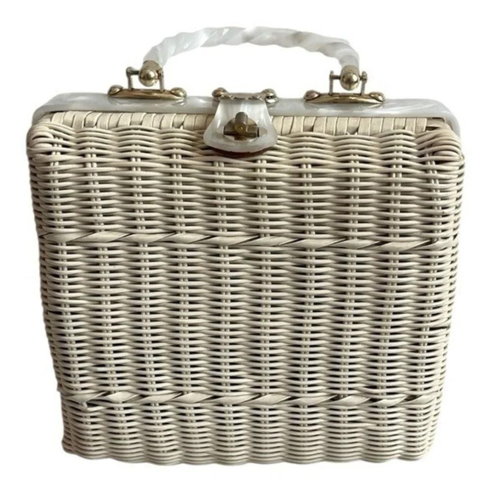 Vintage White Wicker Handbag Lucite Handles Pleated Purse Made Hong Kong 9x4x8